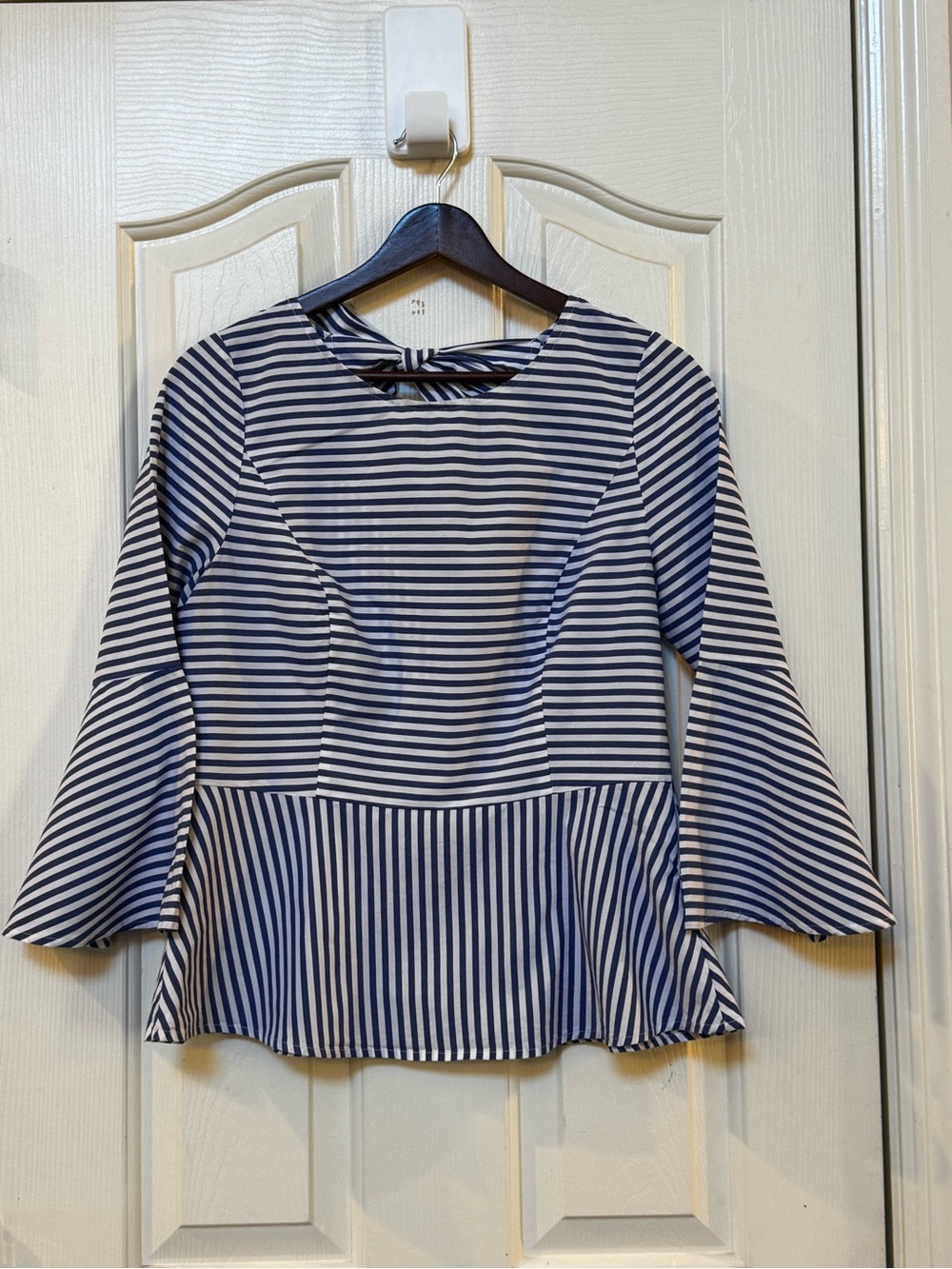 White House Black Market Navy and White Striped Peplum Blouse